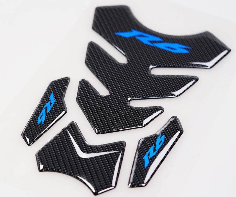 REVSOSTAR Real Carbon Fibre Gas Cap, Triple Tree Front End Upper, Top Clamp Decal Stickers, Tank Pad, Tank Protector for R6 600 2006-2016, 3 Pcs Per Set (Blue) - Image 2
